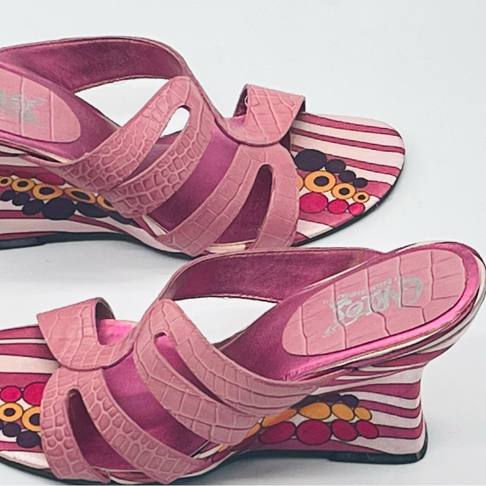 Carlos by Calos Santana Genuine Leather Sandals PINK Striped Wedge Heels Slides